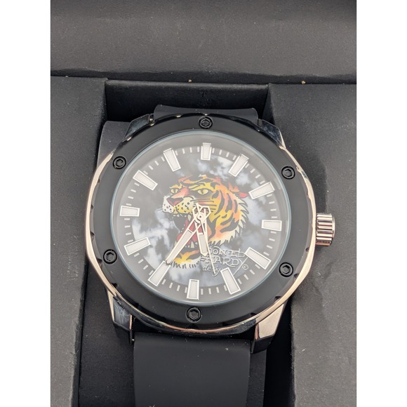 Ed Hardy Tiger Watch Men 47mm Case Black Silicone Band w/ Box- New Battery - Picture 1 of 10